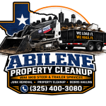 Abilene Property Cleanup logo featuring a Toro Dingo mini skid steer, junk removal trailer, and property cleanup services in Abilene TX