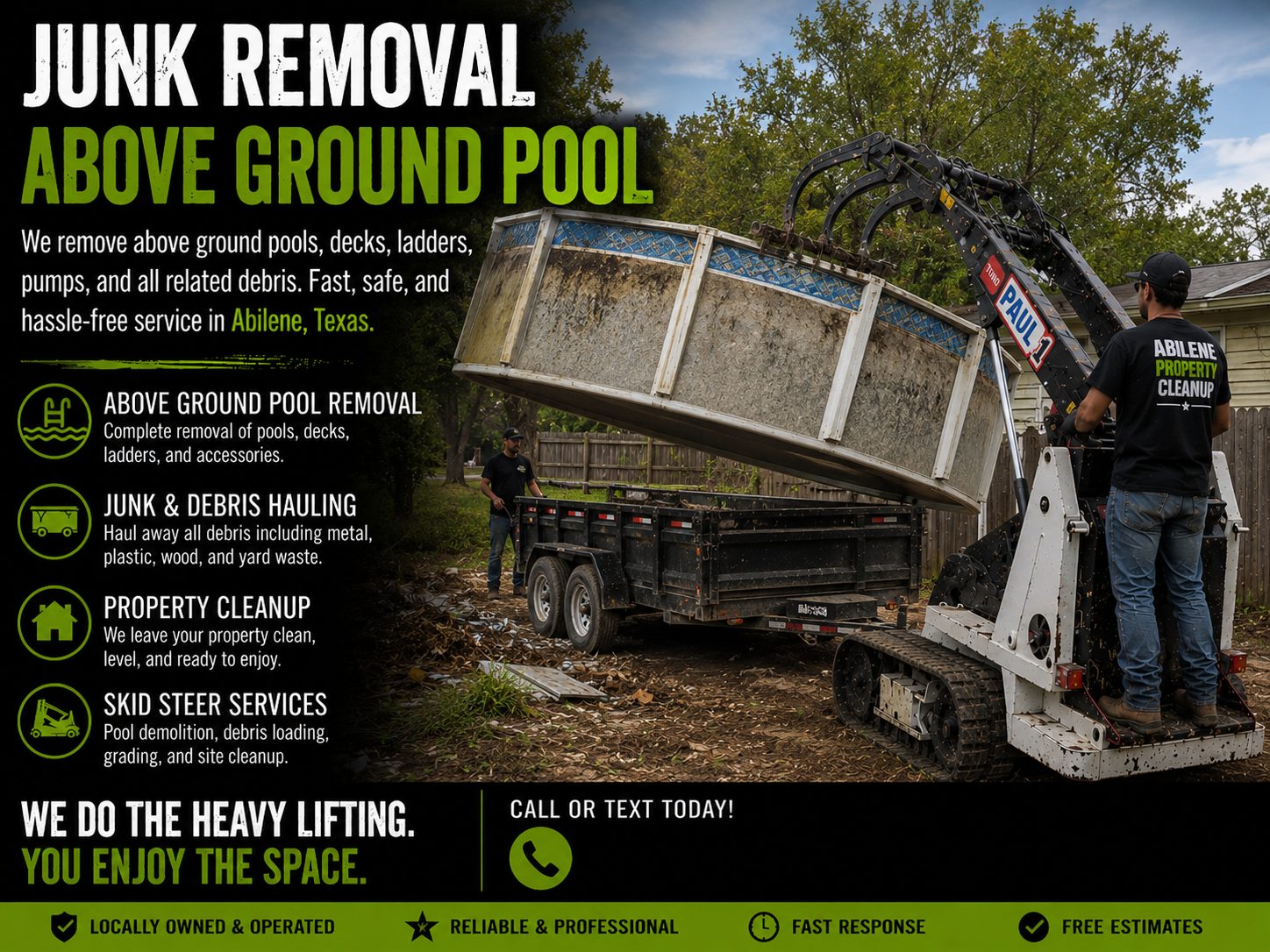 Toro Dingo skid steer removing an above ground pool during junk removal service in Abilene TX
