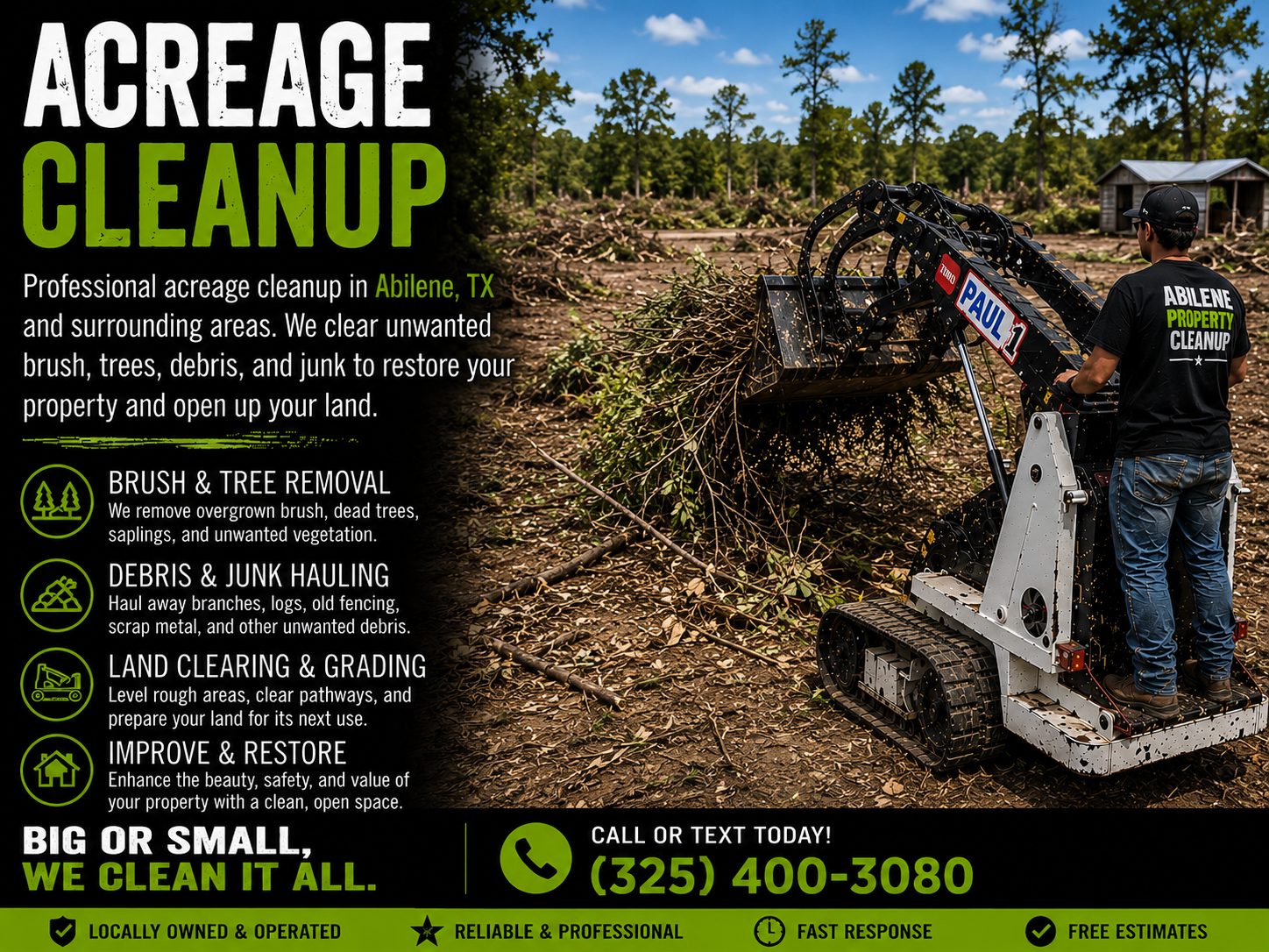 Toro Dingo mini skid steer performing acreage cleanup and brush removal in Abilene TX
