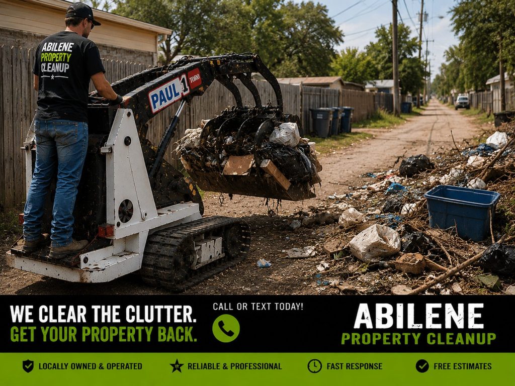 Before and after alley junk removal project in Abilene TX showing debris cleanup and property restoration