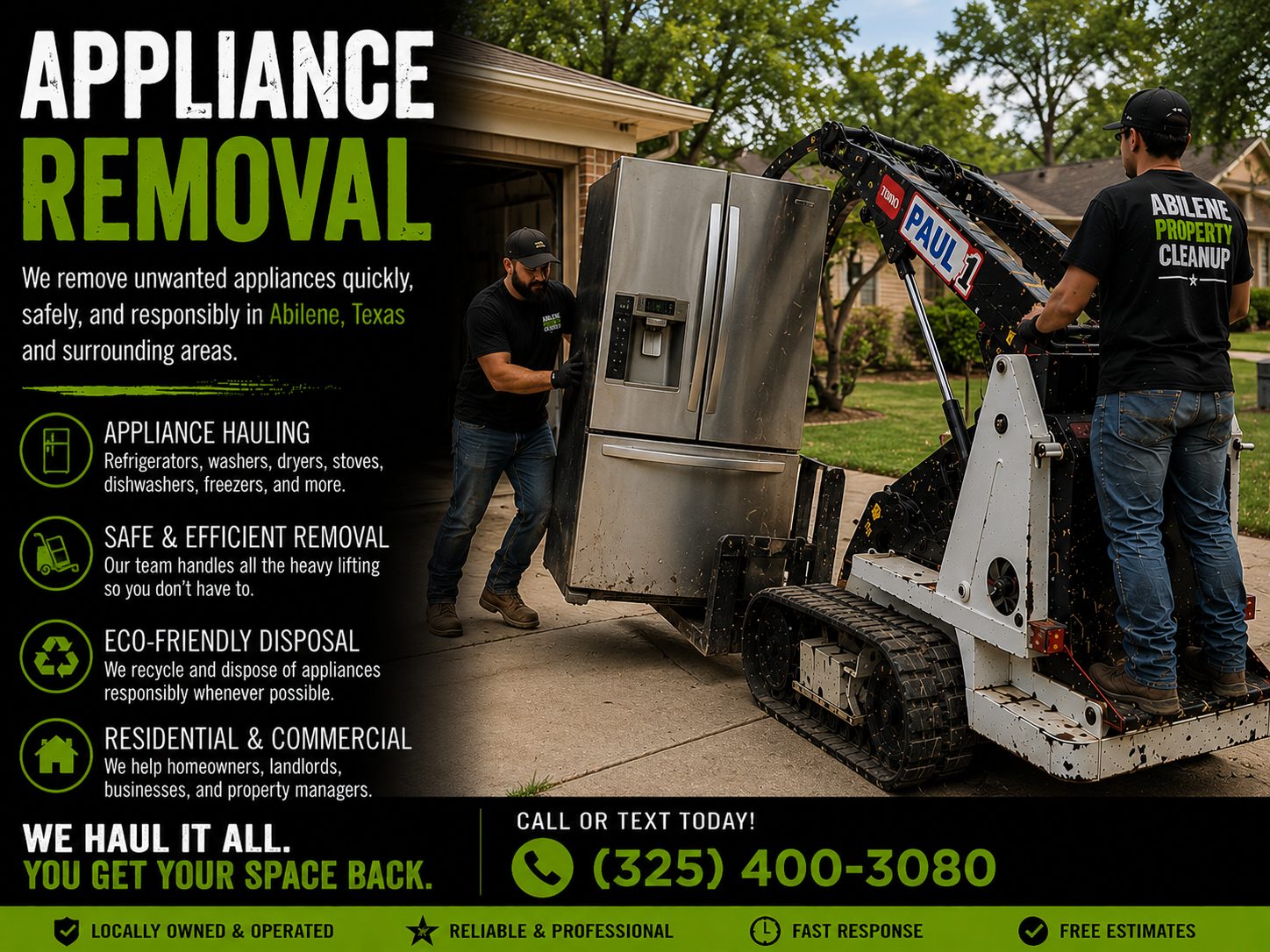 Toro Dingo mini skid steer removing a refrigerator during appliance removal service in Abilene TX
