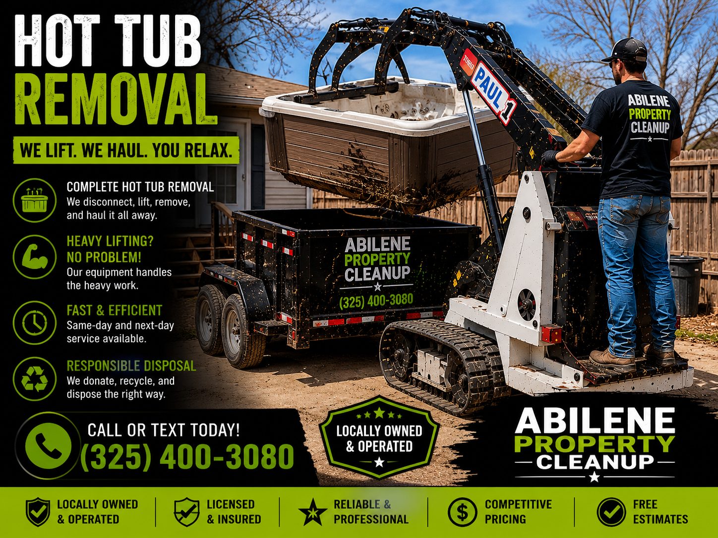 Toro Dingo mini skid steer lifting a backyard spa during hot tub removal service in Abilene TX