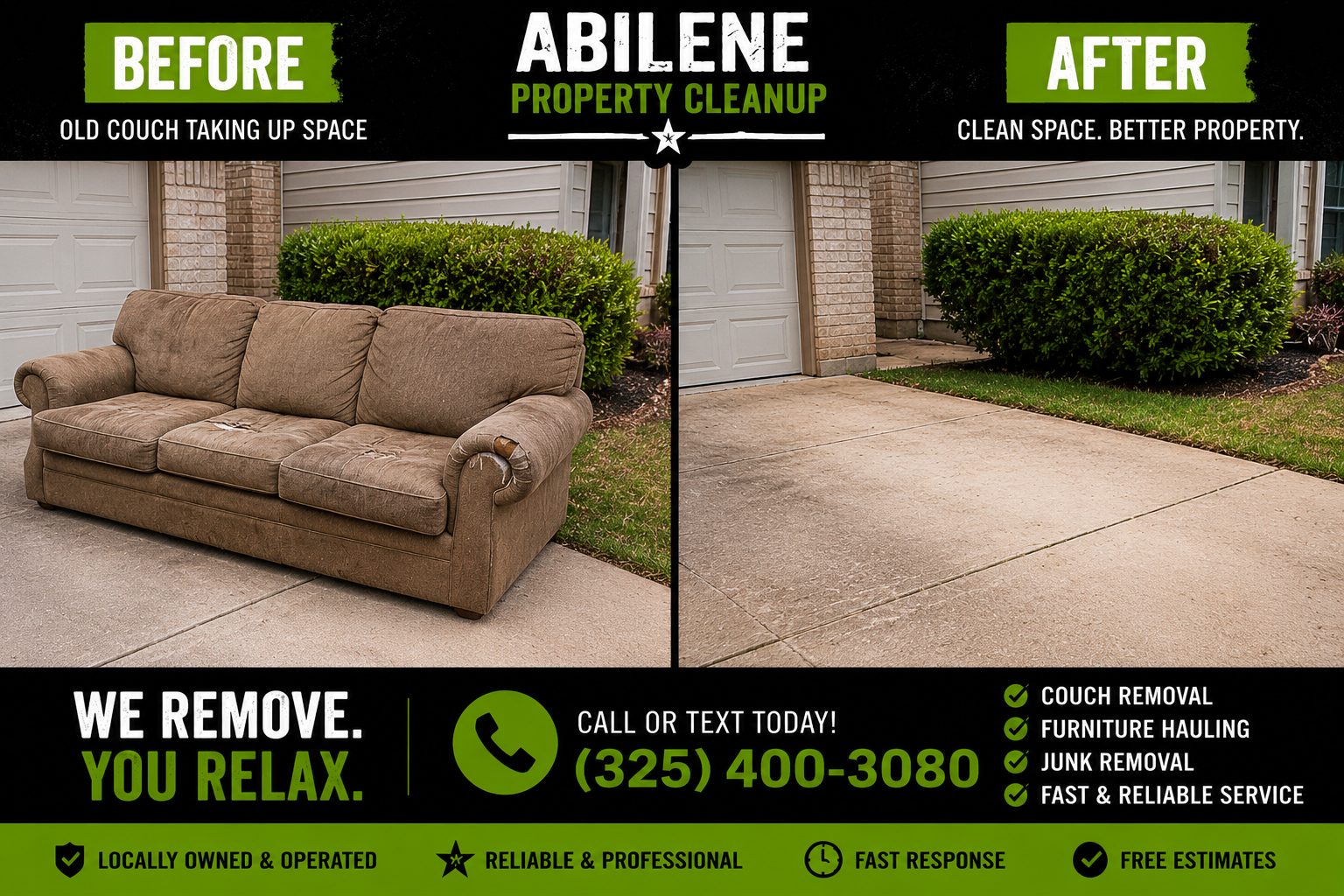 Before and after couch removal service showing old couch removed from residential property in Abilene TX