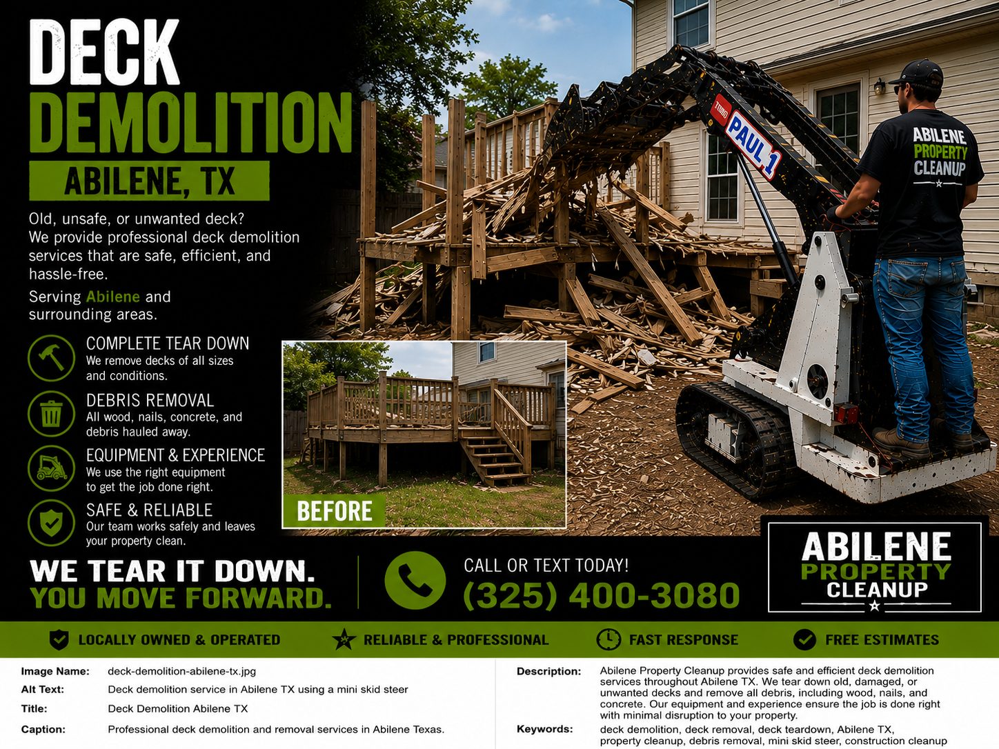 Before and after deck demolition service showing old deck removed from a property in Abilene TX