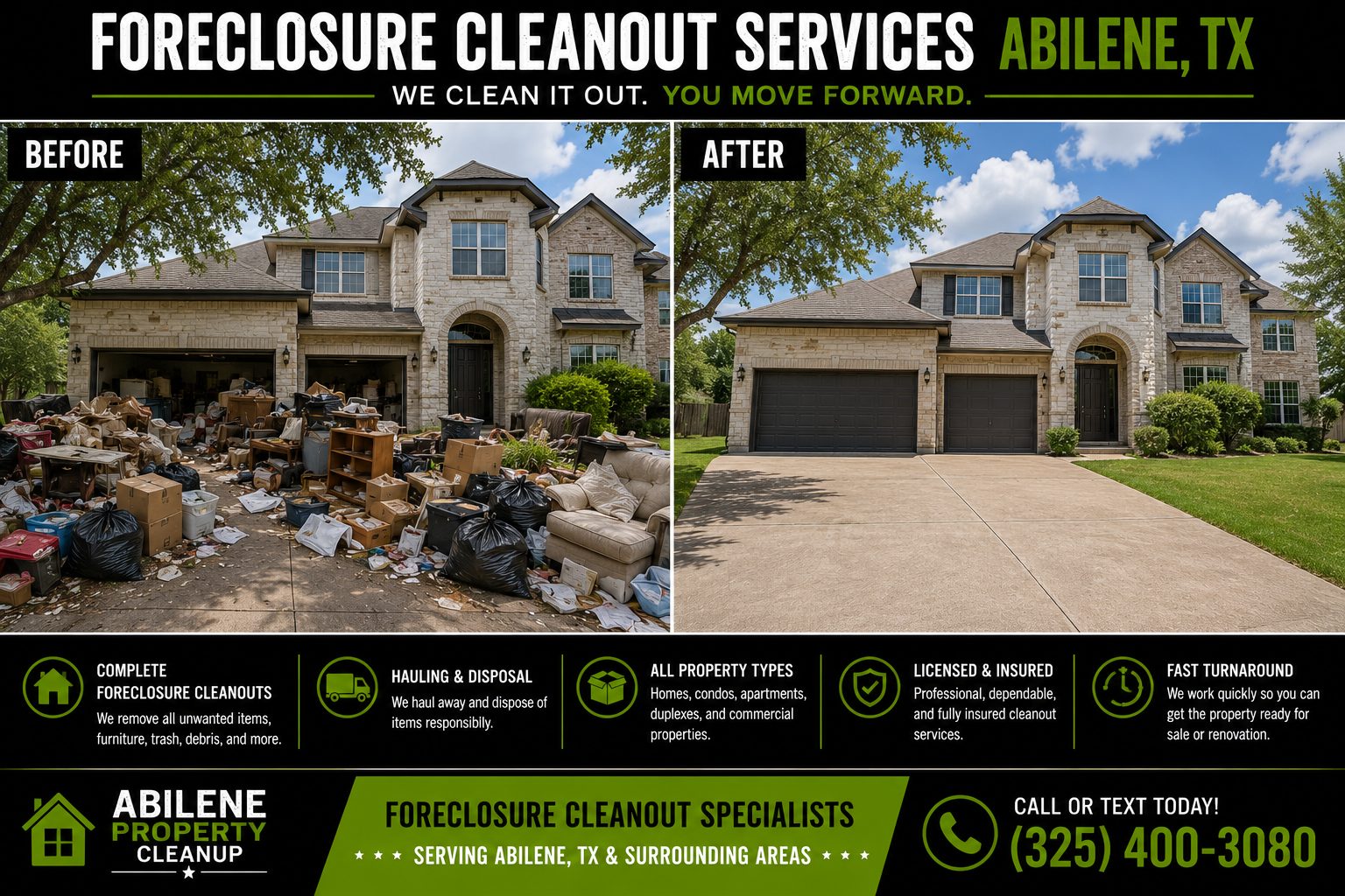 Before and after foreclosure cleanout showing a cluttered property transformed into a clean home in Abilene