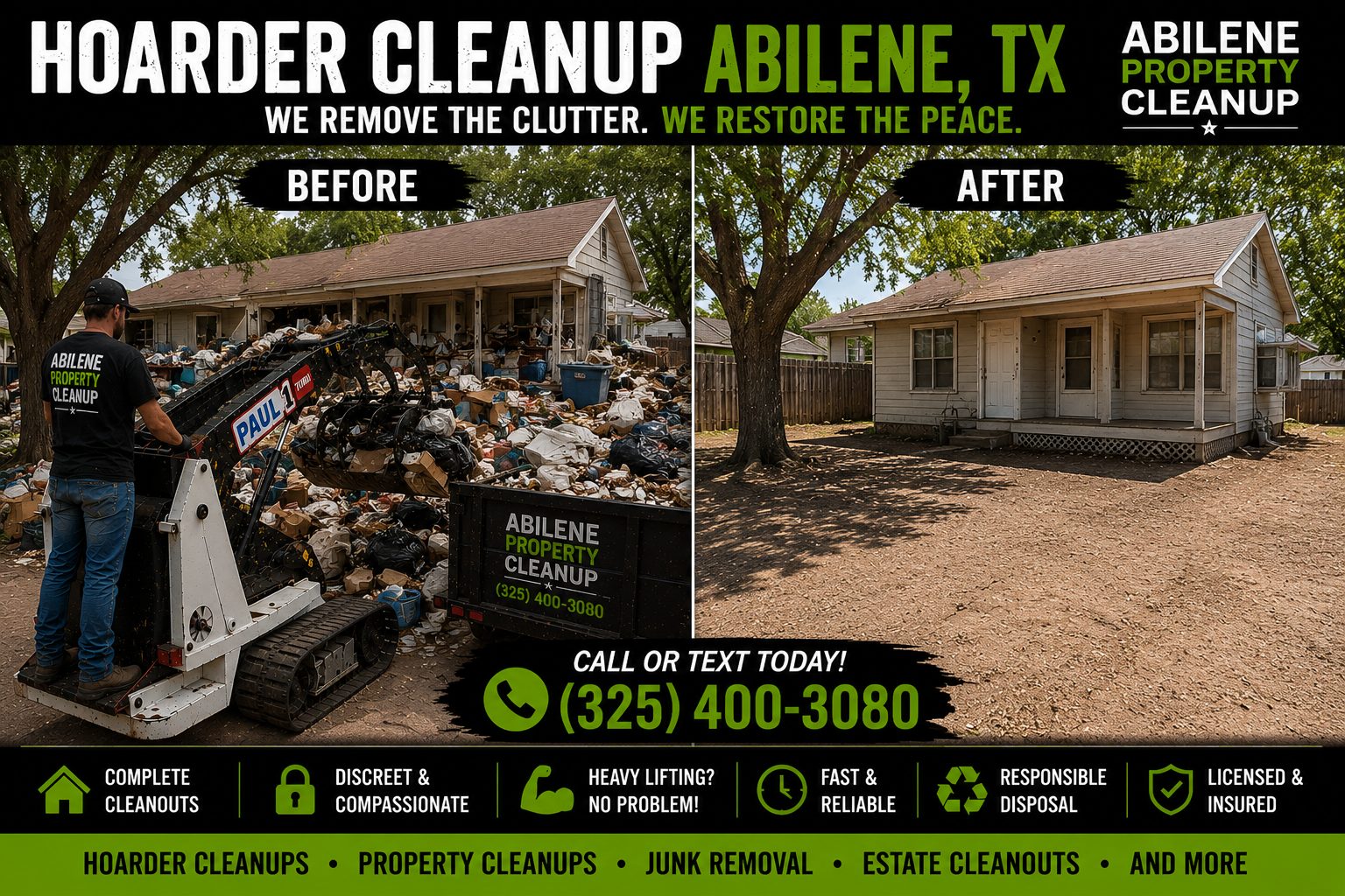 Before and after hoarder cleanup showing a cluttered property transformed into a clean home in Abilene TX