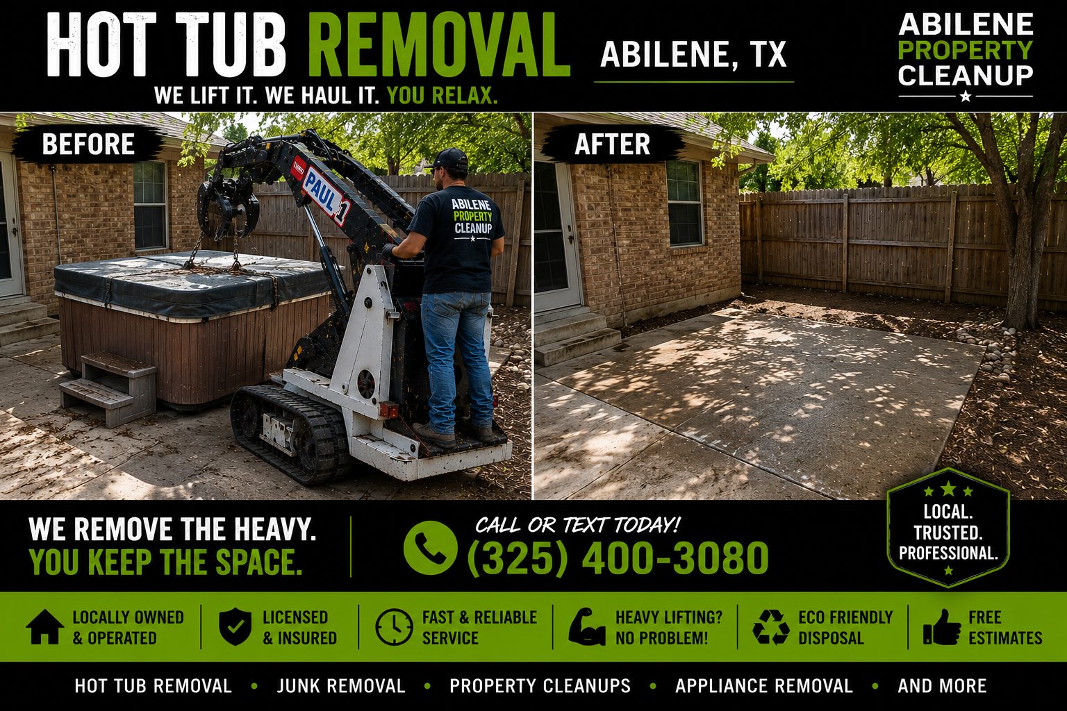 Before and after hot tub removal service showing backyard space restored in Abilene TX