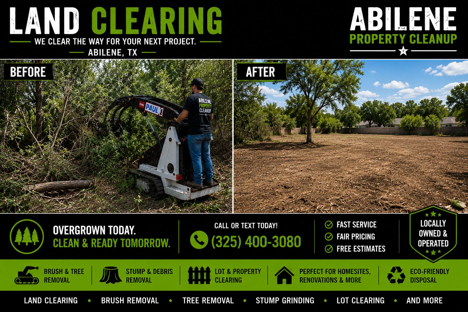 Before and after land clearing service showing overgrown brush transformed into a clean open lot in Abilene TX
