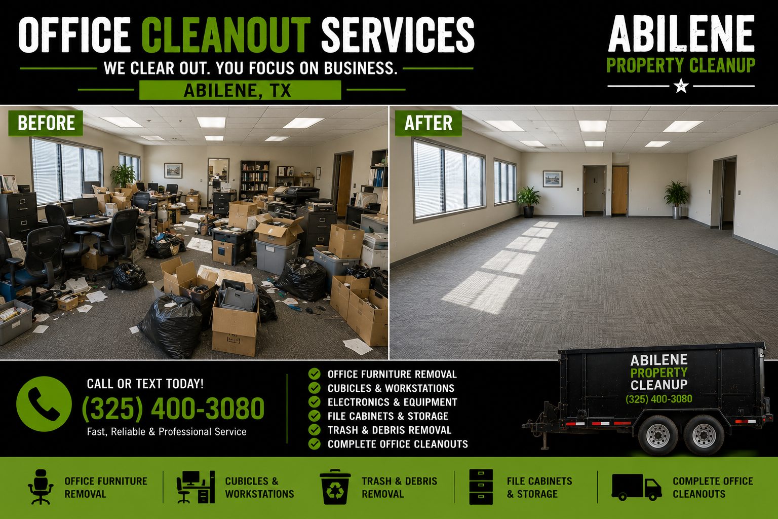 Before and after office cleanout service showing cluttered office transformed into a clean empty workspace in Abilene TX