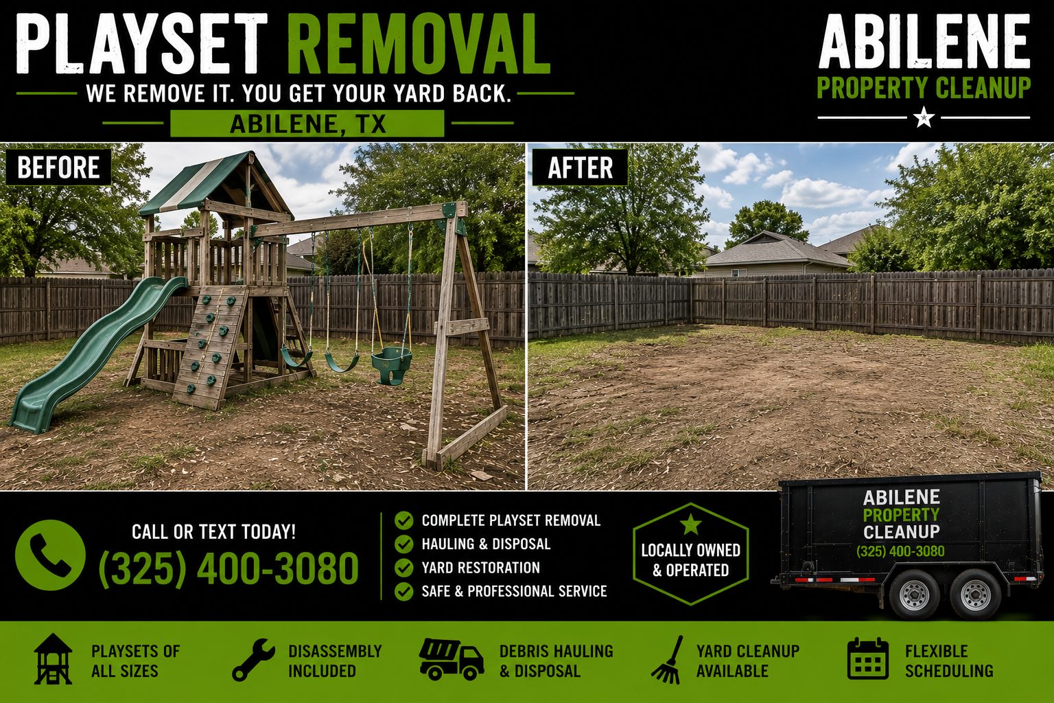 Before and after playset removal showing backyard transformed after old playground equipment was removed in Abilene TX