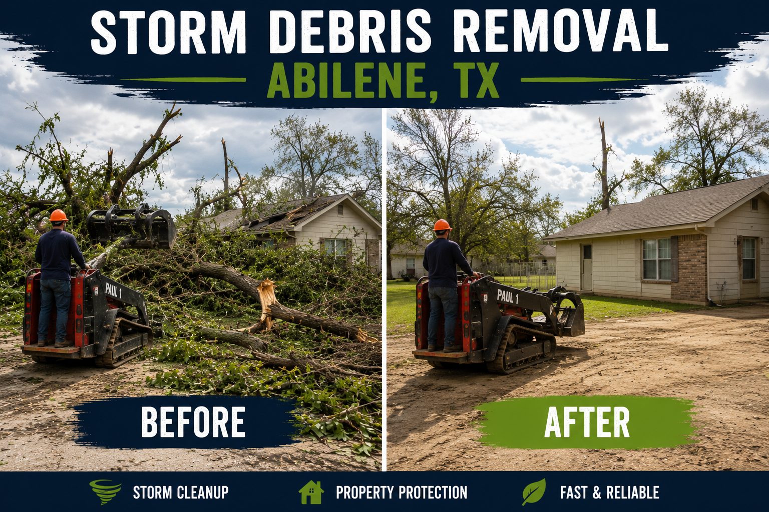 Before and after storm debris removal showing cleanup of fallen trees and branches in Abilene TX