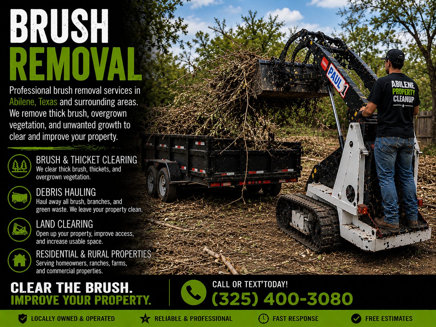 Toro Dingo mini skid steer loading brush and tree limbs during brush removal service in Abilene TX