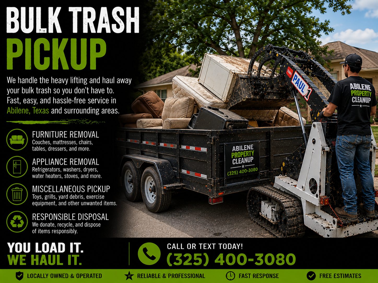 Bulk trash pickup service in Abilene TX using a Toro Dingo mini skid steer to load furniture, mattresses, and junk