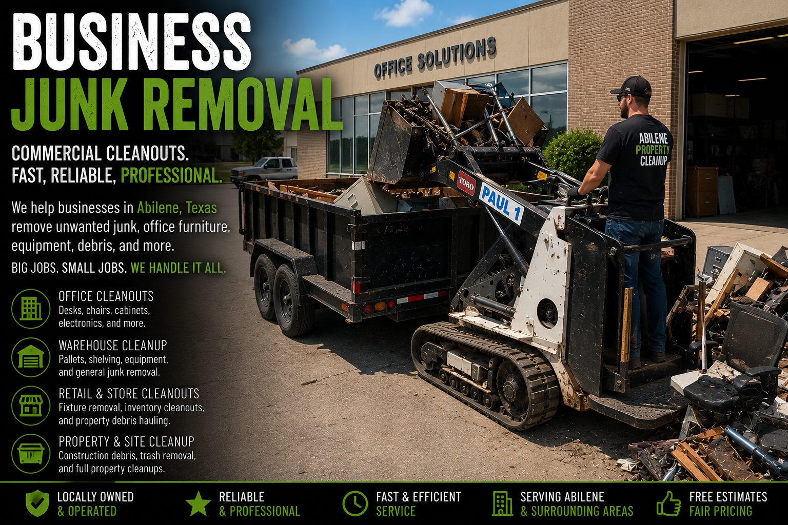 Business junk removal crew using a Toro Dingo mini skid steer for commercial property cleanup in Abilene TX