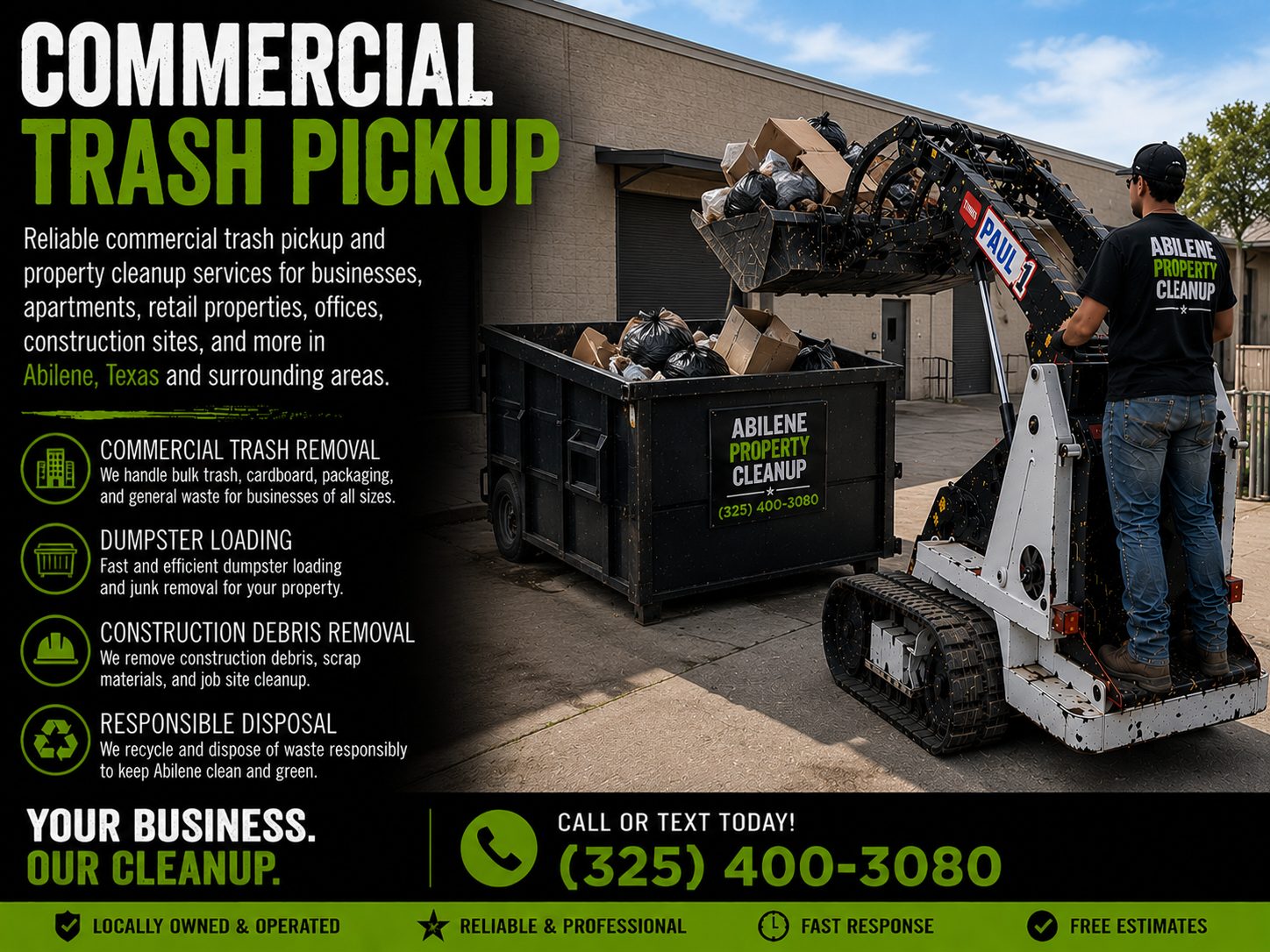 Business junk removal service loading commercial debris in Abilene TX