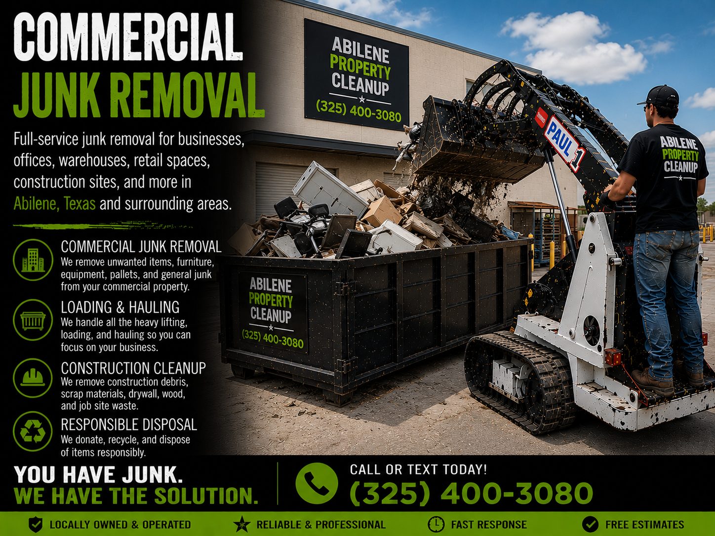 Commercial junk removal service in Abilene TX loading office furniture, construction debris, and business junk into a dumpster