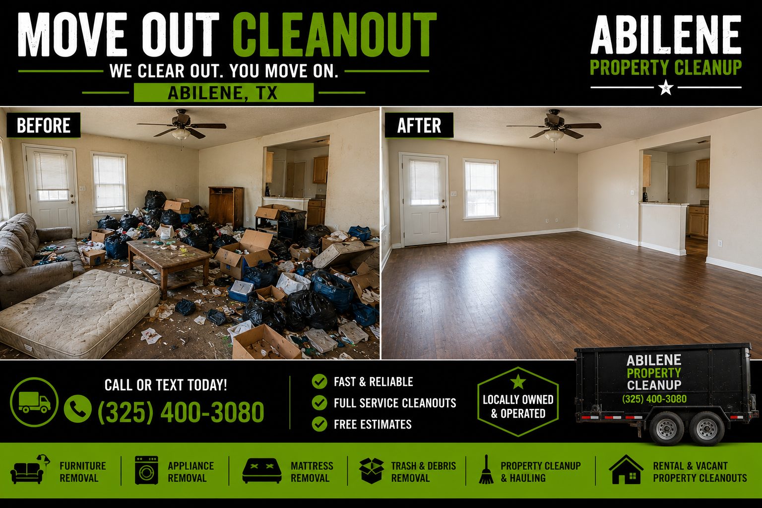 Before and after commercial property cleanup in Abilene TX.