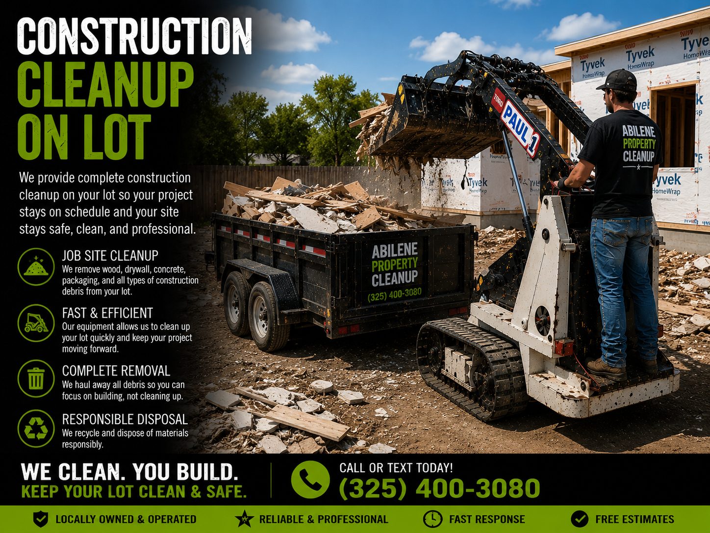 Toro Dingo mini skid steer loading construction debris during lot cleanup service in Abilene TX