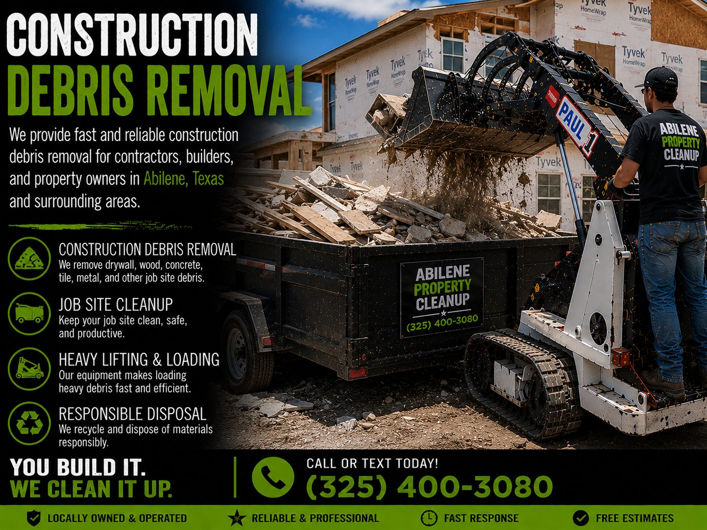 Toro Dingo mini skid steer loading construction debris into a trailer during construction debris removal service in Abilene TX