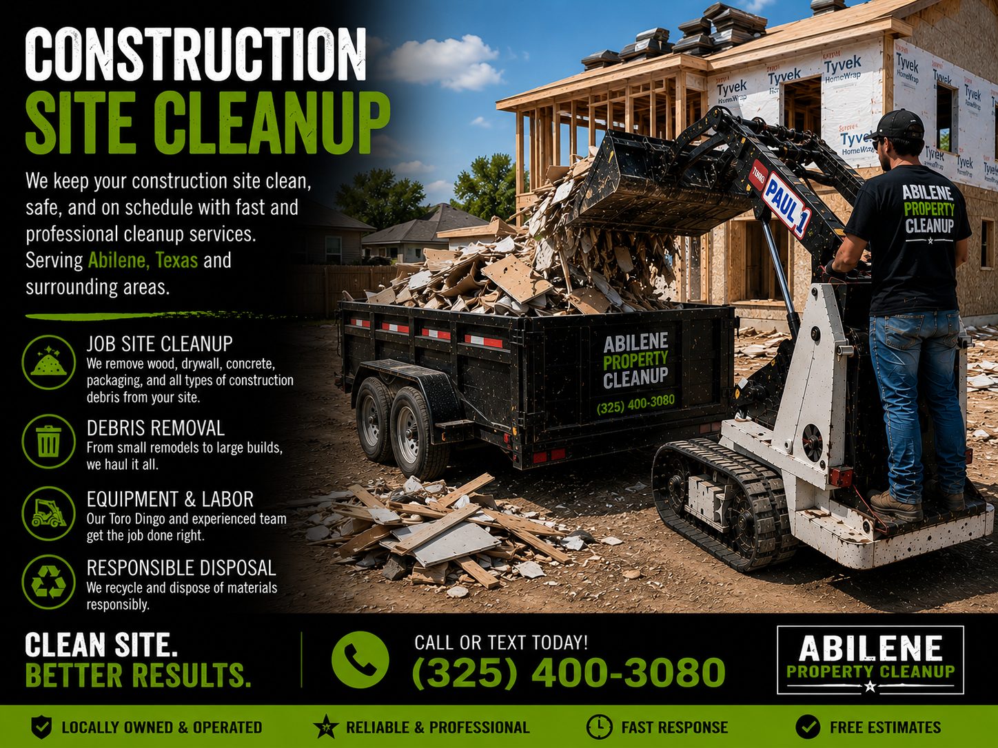 Toro Dingo mini skid steer loading construction debris during construction site cleanup in Abilene TX