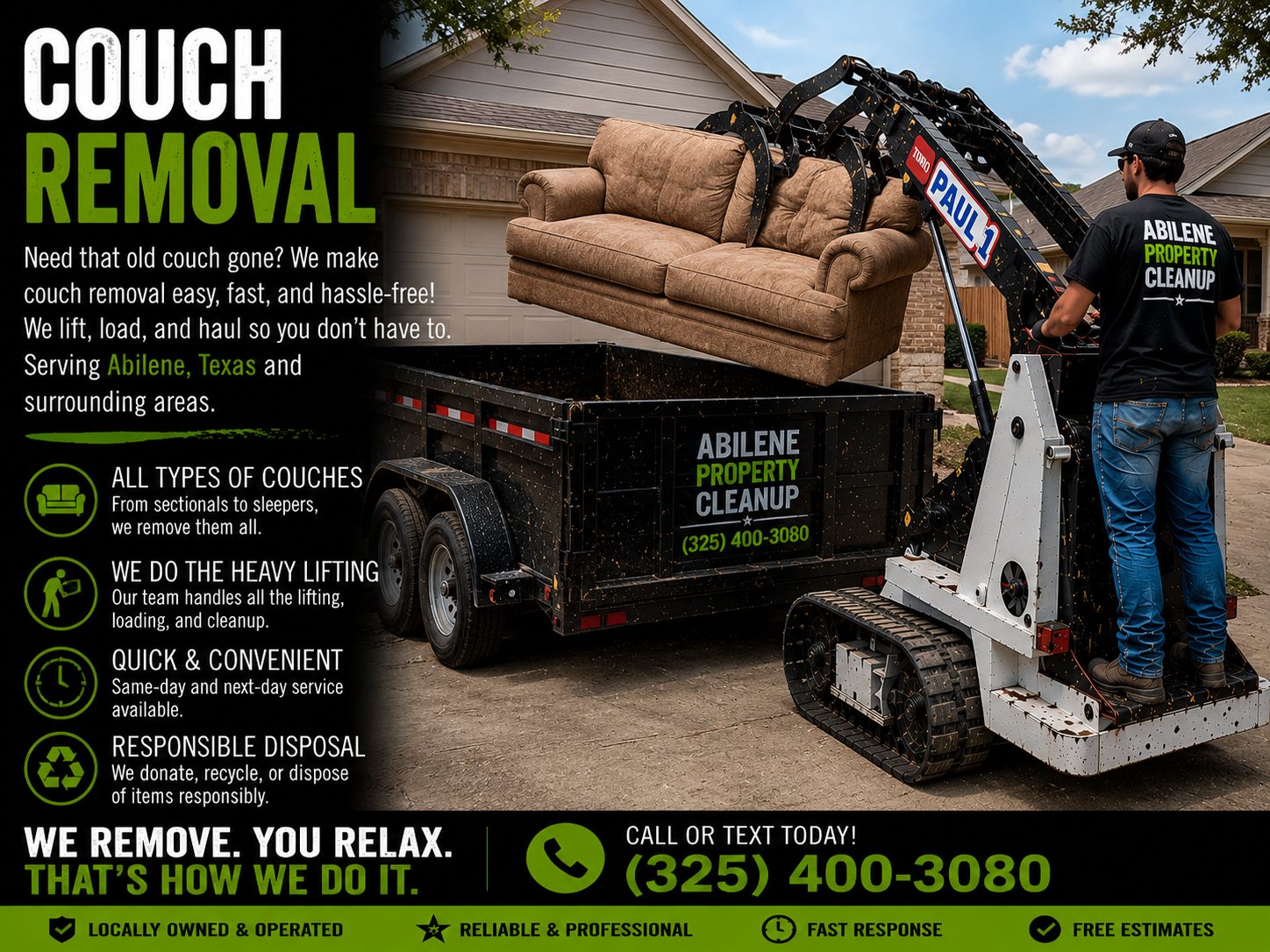Toro Dingo mini skid steer removing an old couch during couch removal service in Abilene TX