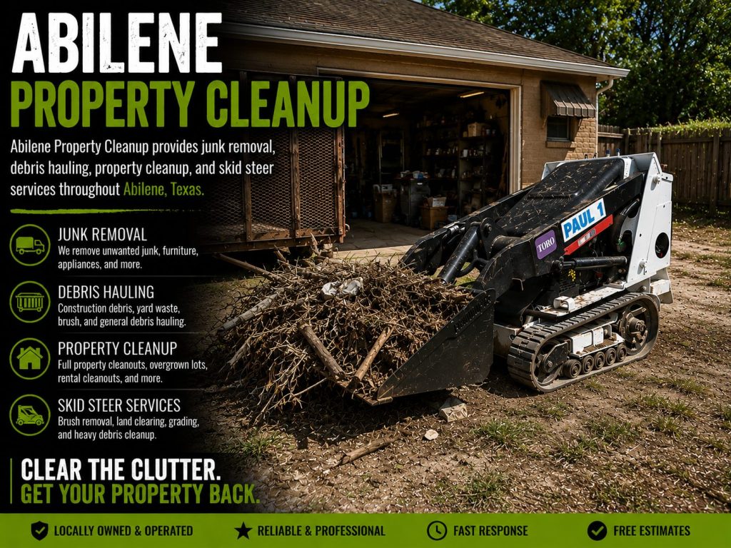 Debris cleanup service using Toro Dingo mini skid steer in Abilene TX