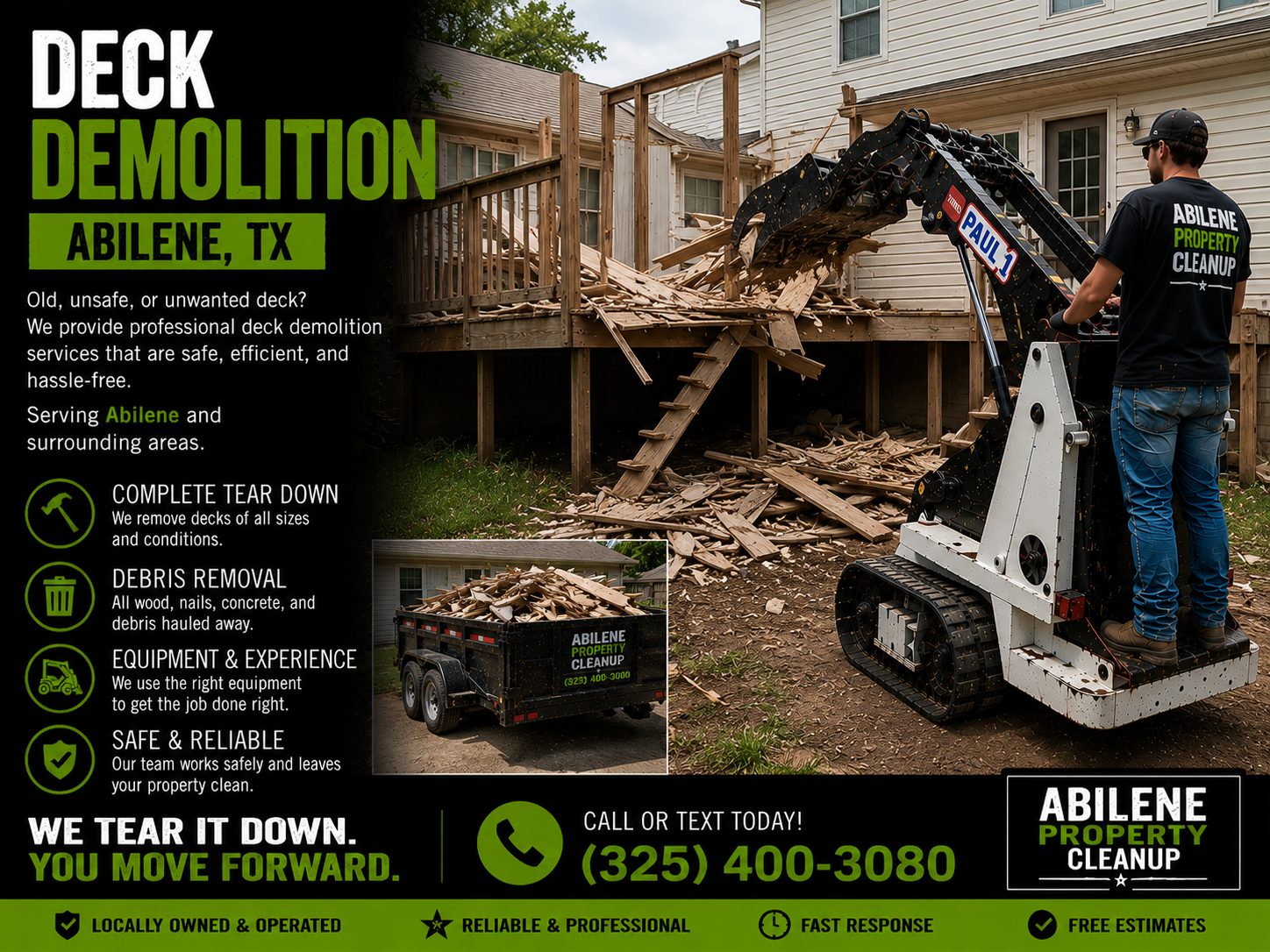 Toro Dingo mini skid steer removing old deck debris during deck demolition service in Abilene TX
