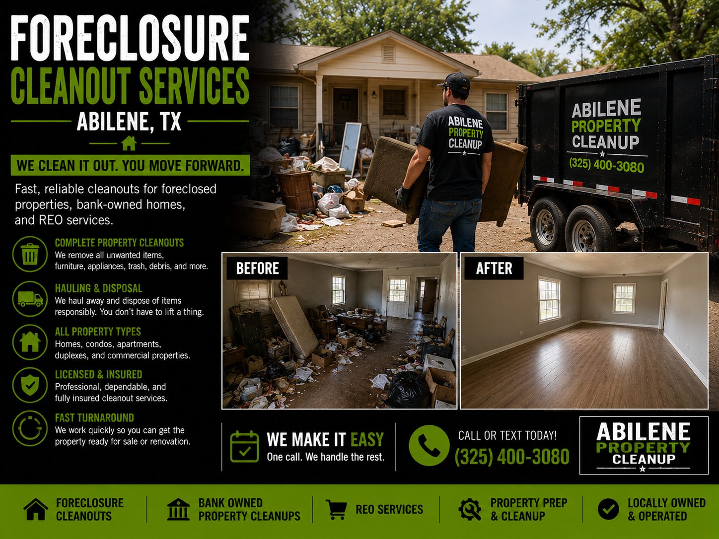 Foreclosure cleanout service removing furniture and debris from a foreclosed property in Abilene TX