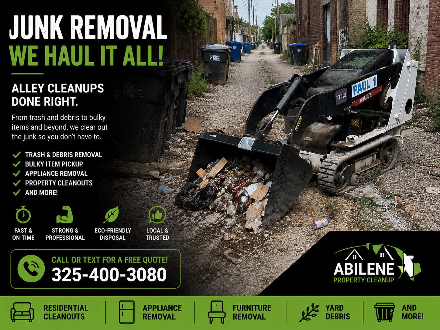 Junk removal crew using a Toro Dingo mini skid steer to remove trash and debris from a property in Hawley Texas.