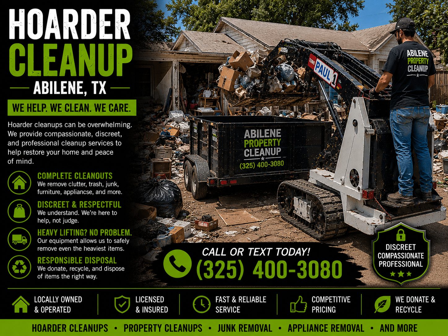 Toro Dingo mini skid steer removing trash and clutter during a hoarder cleanup service in Abilene TX