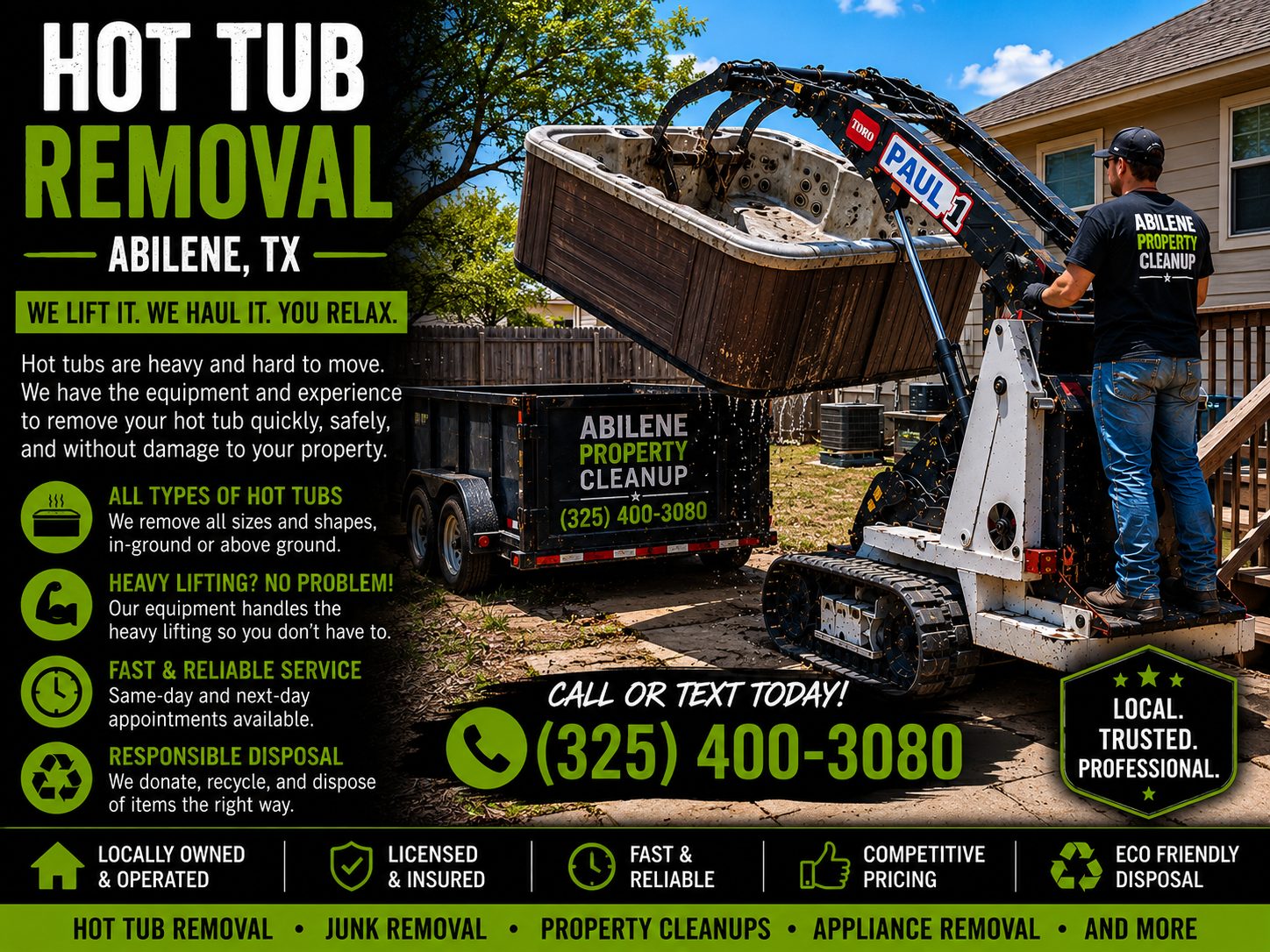 Toro Dingo mini skid steer removing a hot tub from a residential backyard in Abilene TX