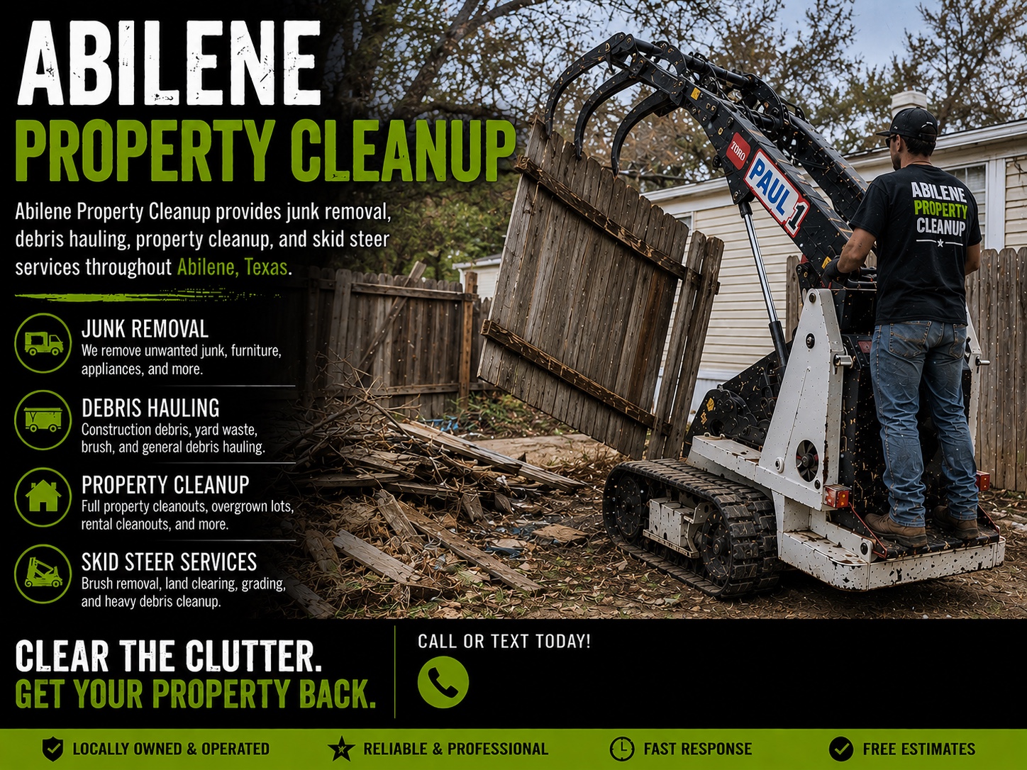 Toro Dingo mini skid steer removing junk, trash, and debris from a property in Tye Texas.
