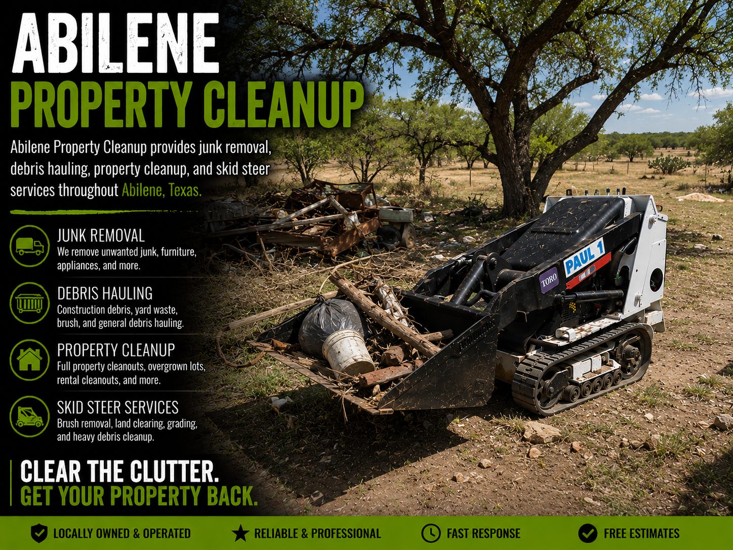Land cleanup service clearing debris on rural property in Abilene TX