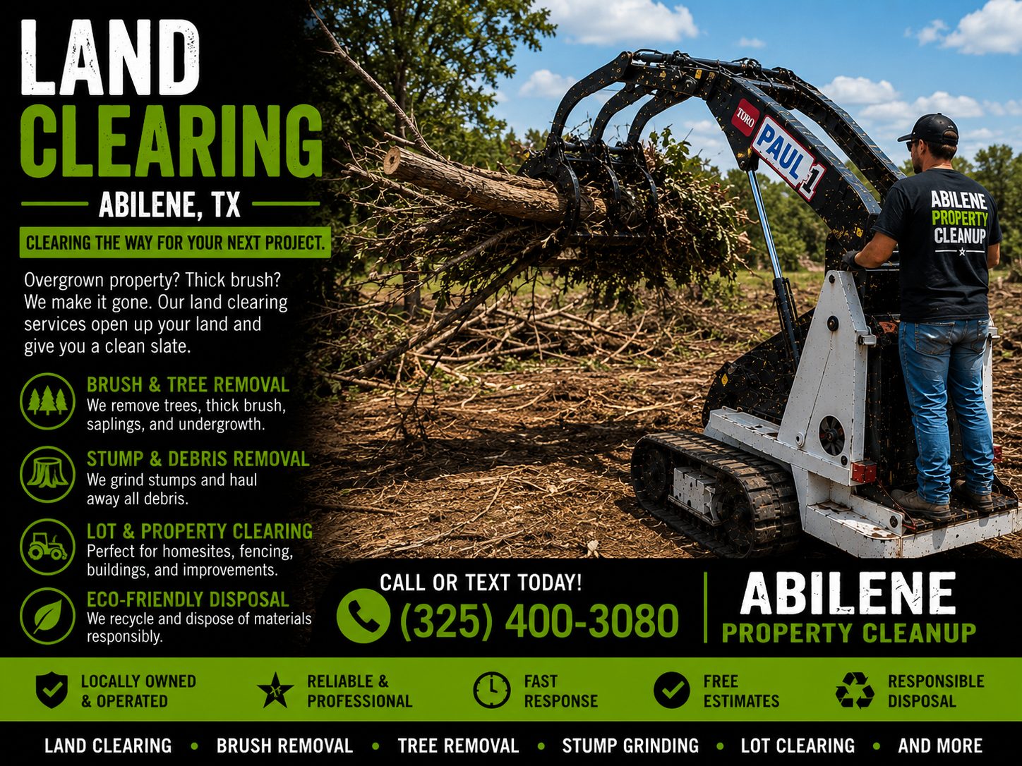 Toro Dingo mini skid steer with grapple clearing brush, trees, and debris during a land clearing project in Abilene TX
