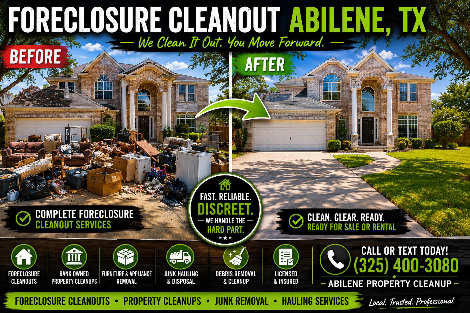 Before and after foreclosure cleanout at a large two-story house in Abilene TX