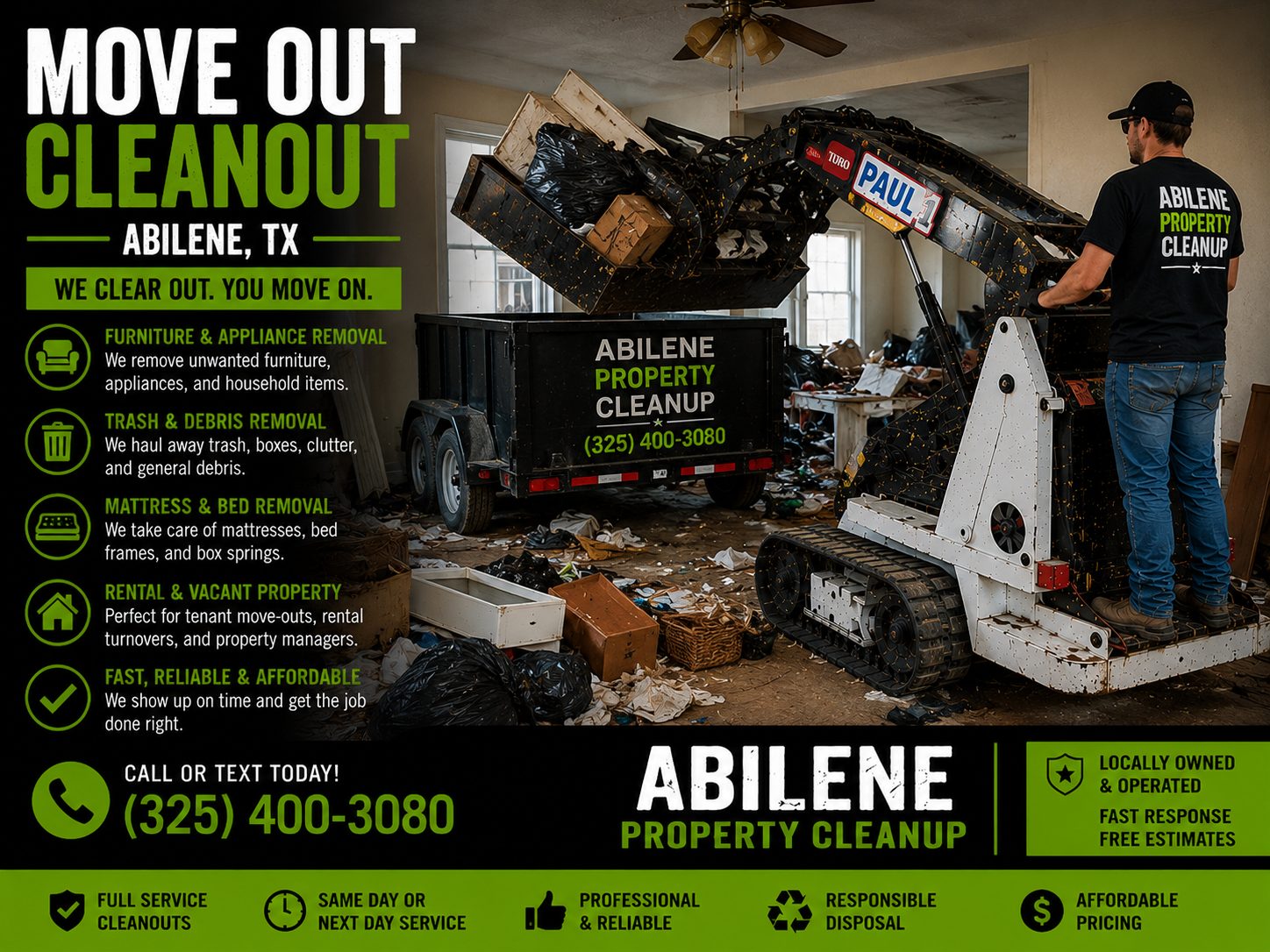 Toro Dingo mini skid steer removing furniture, trash, and debris during a move out cleanout in Abilene TX