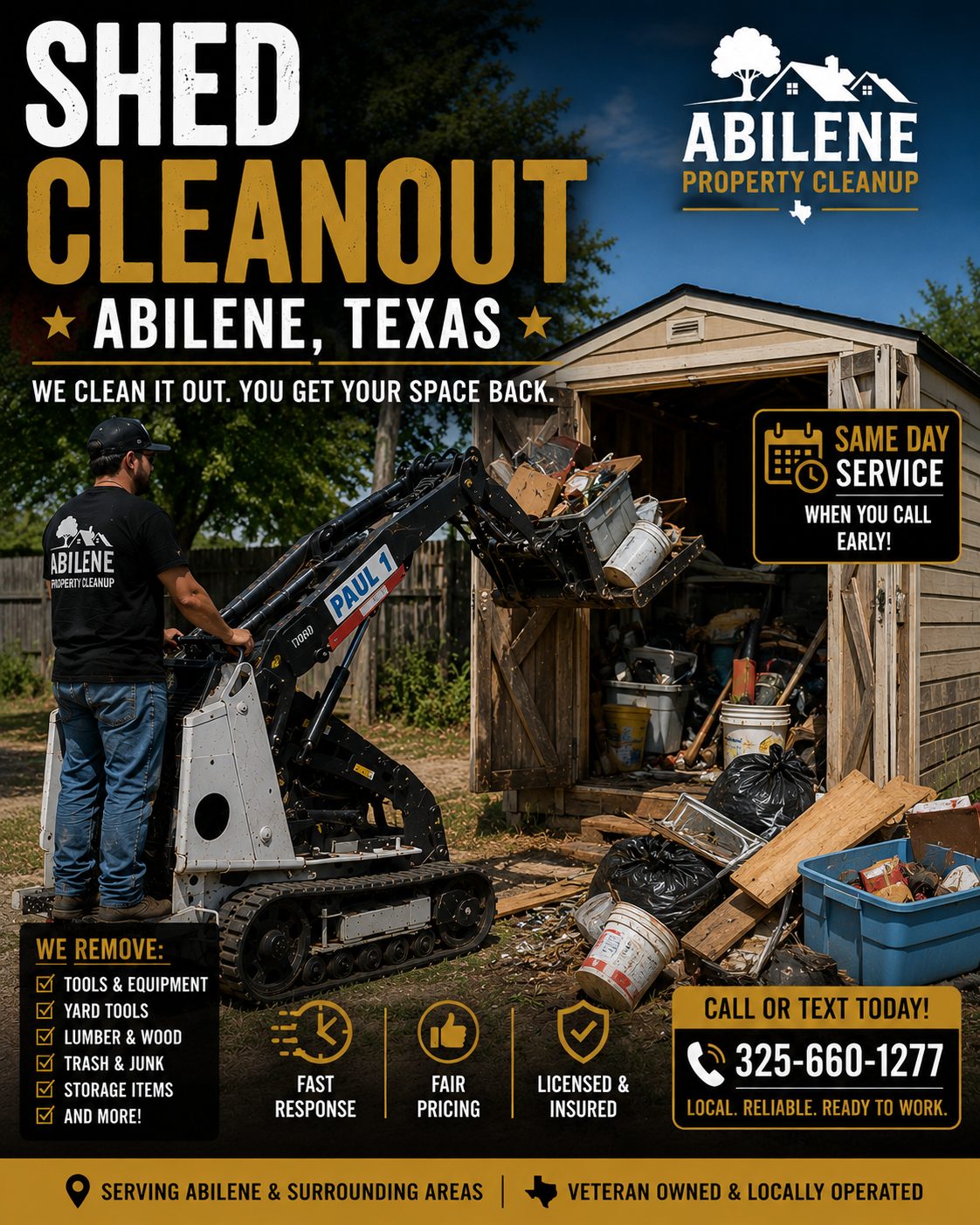 Mini skid steer tearing down and hauling away an old backyard shed in Abilene Texas.