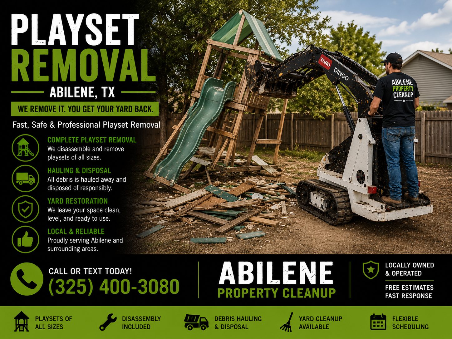 Toro Dingo mini skid steer loading a wooden backyard playset onto a trailer during playset removal service in Abilene TX