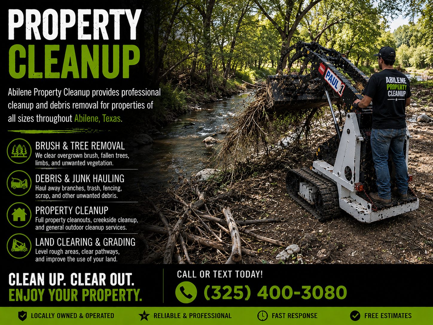 Acreage cleanup service in Abilene TX using a Toro Dingo mini skid steer for brush removal and property cleanup