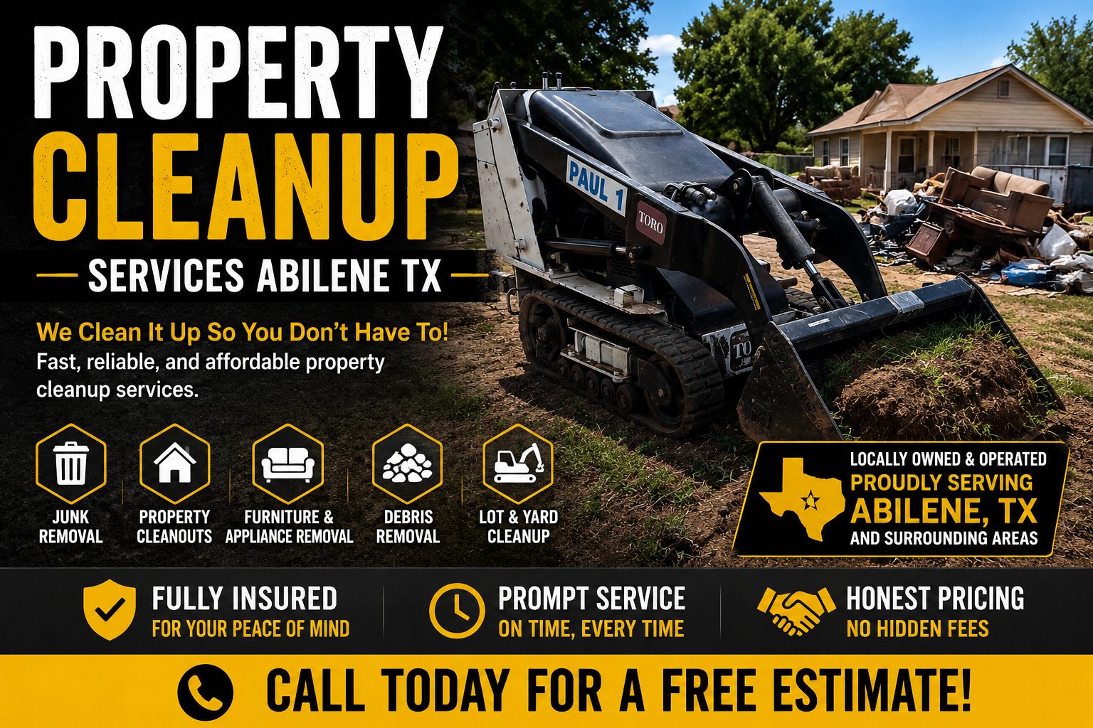 Property cleanup services in Abilene TX using a Toro Dingo mini skid steer for junk removal, debris removal, property cleanouts, and lot cleanup.