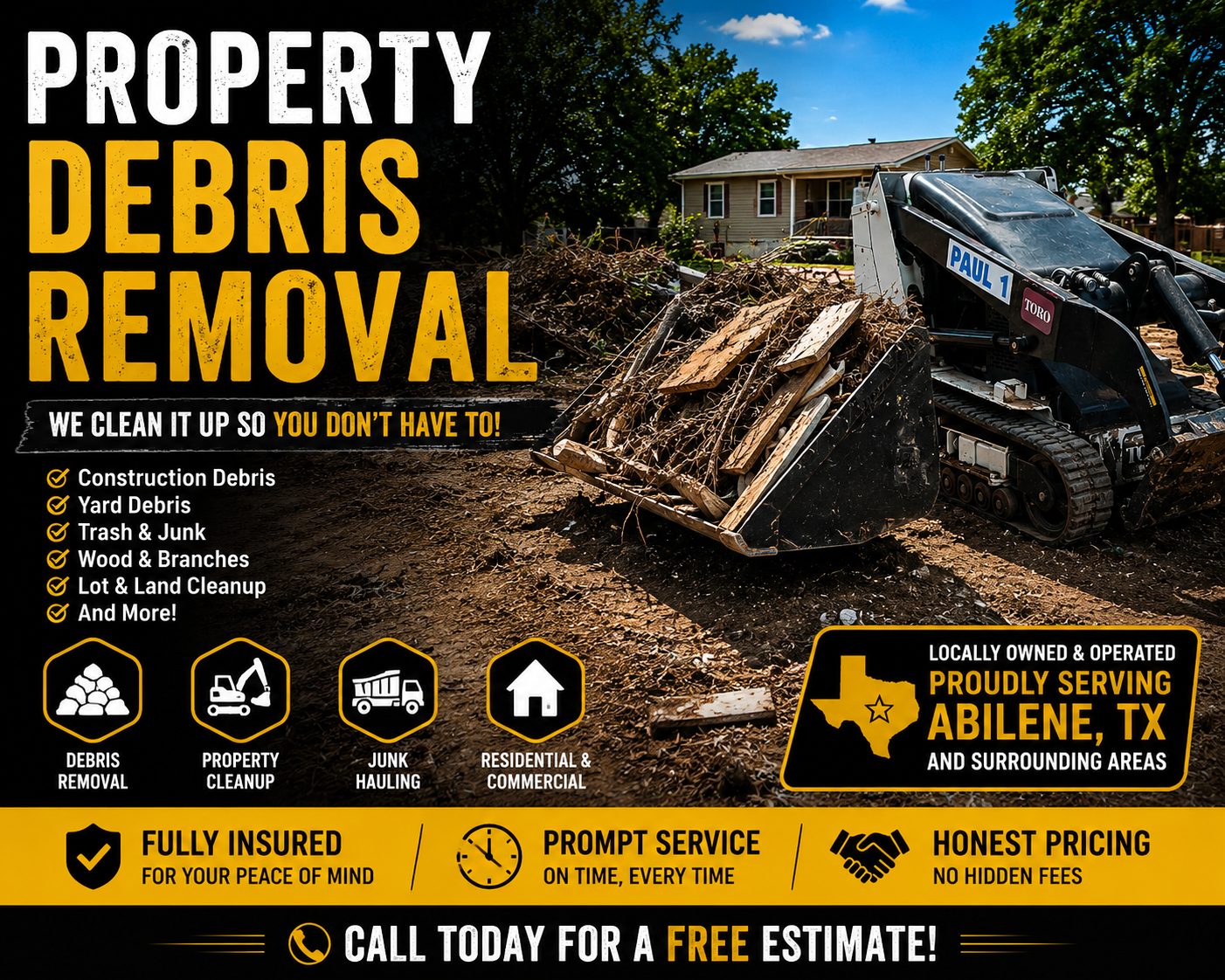 Property debris removal in Abilene TX using a Toro Dingo mini skid steer to remove construction debris, brush, junk, wood, and unwanted materials from residential property.