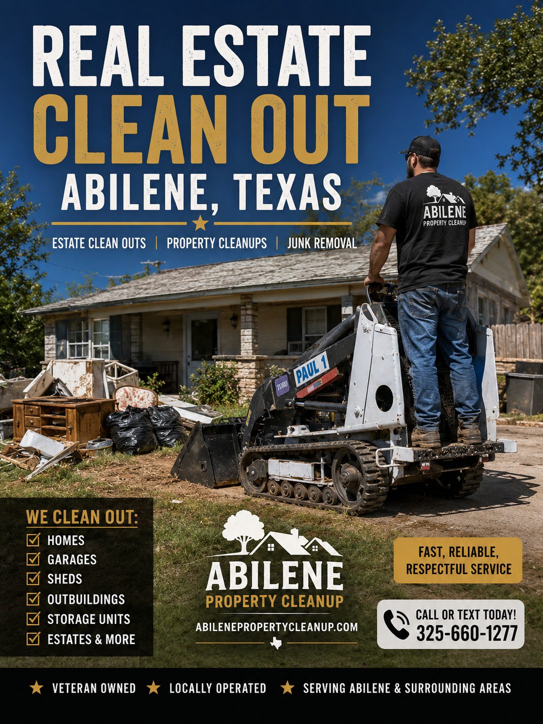 Toro Dingo mini skid steer with grapple loading junk and debris during a real estate cleanout in Abilene Texas.
