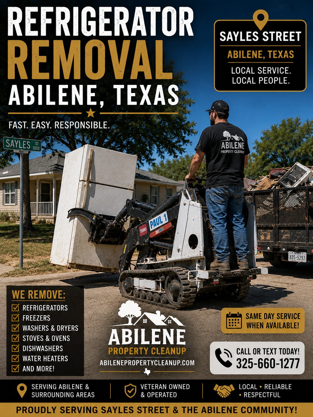 Toro Dingo mini skid steer dumping a refrigerator at a waste disposal facility in Abilene Texas.