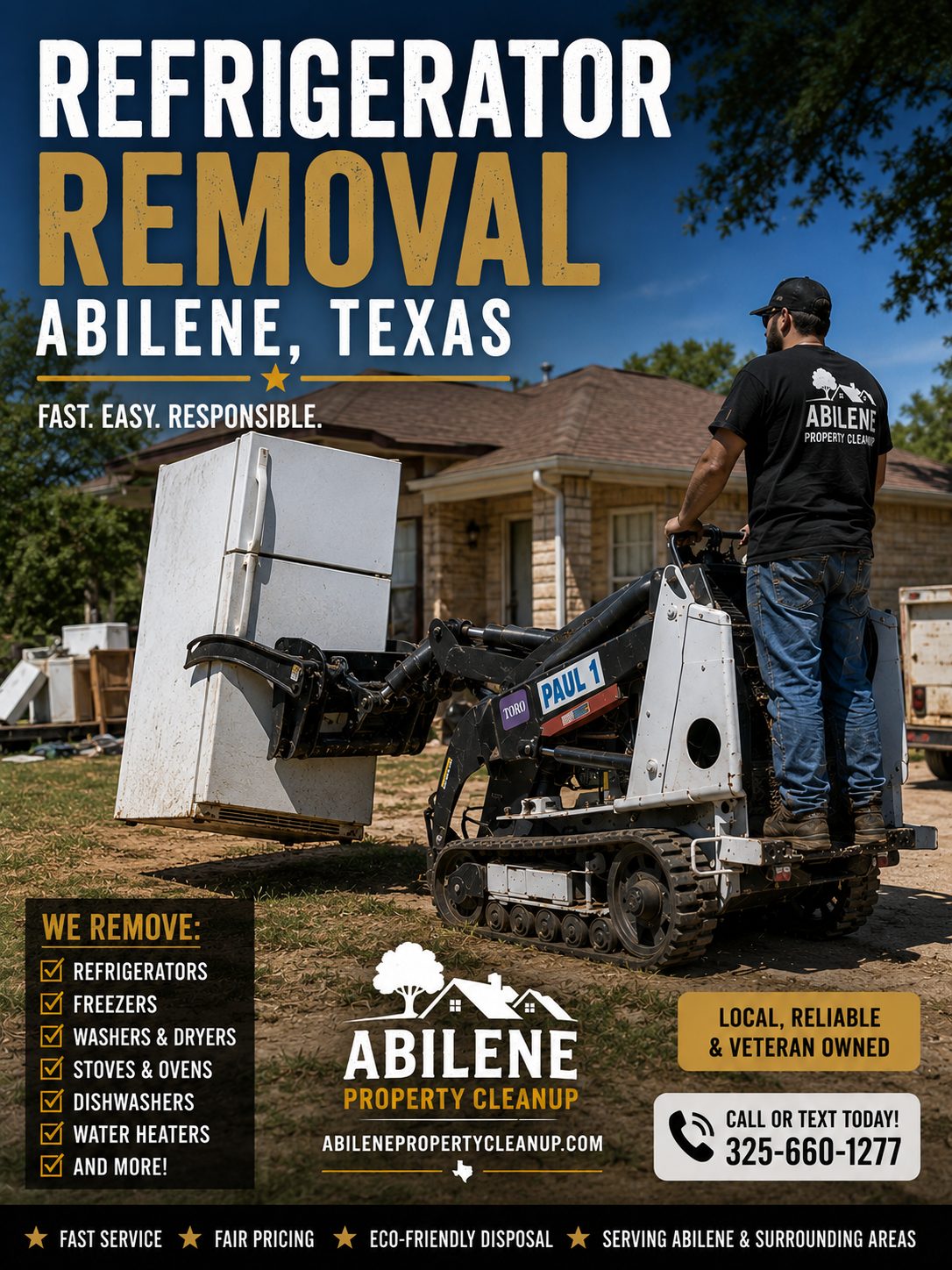 Toro Dingo mini skid steer removing and hauling away an old refrigerator in Abilene Texas.