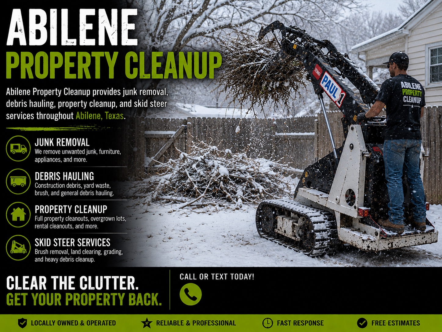 Toro Dingo mini skid steer removing junk and debris from a rental property cleanout in Abilene Texas.