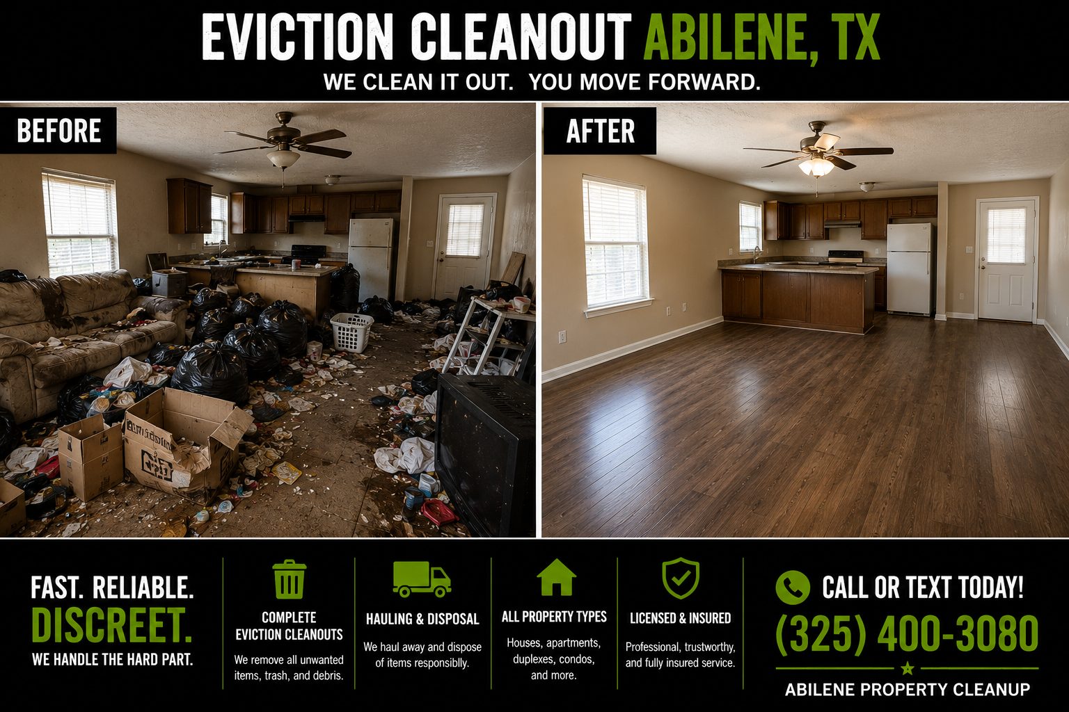 Rental property before and after eviction cleanup service in Abilene Texas