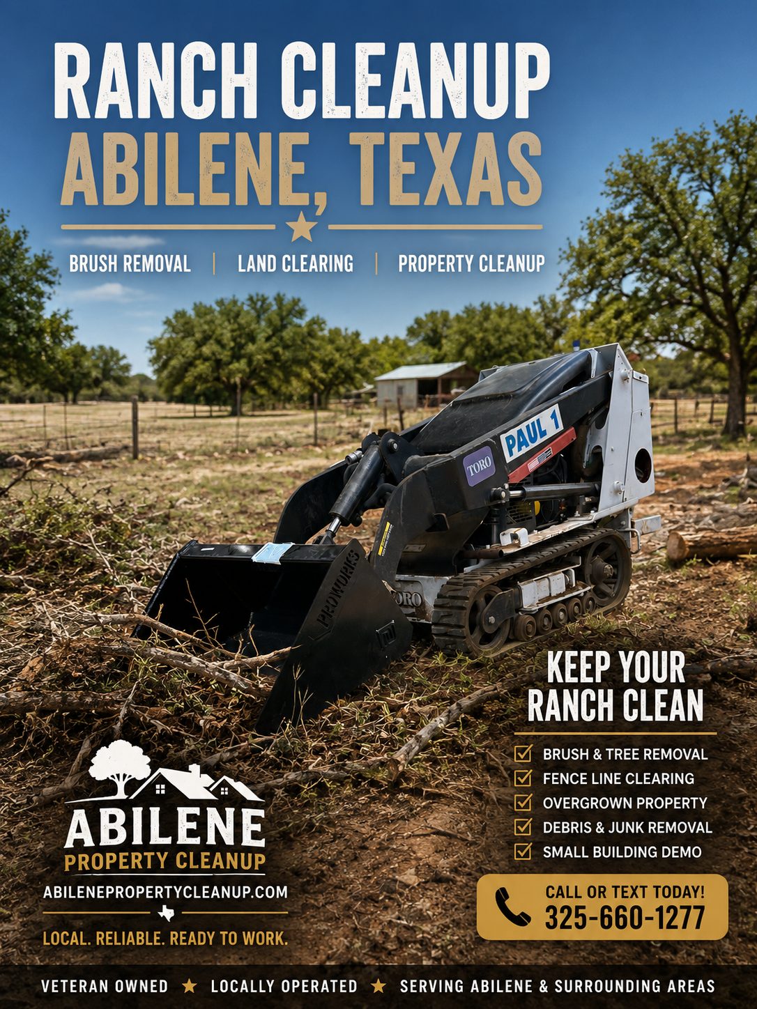 Toro Dingo mini skid steer removing brush and debris from a rural property in Abilene Texas.