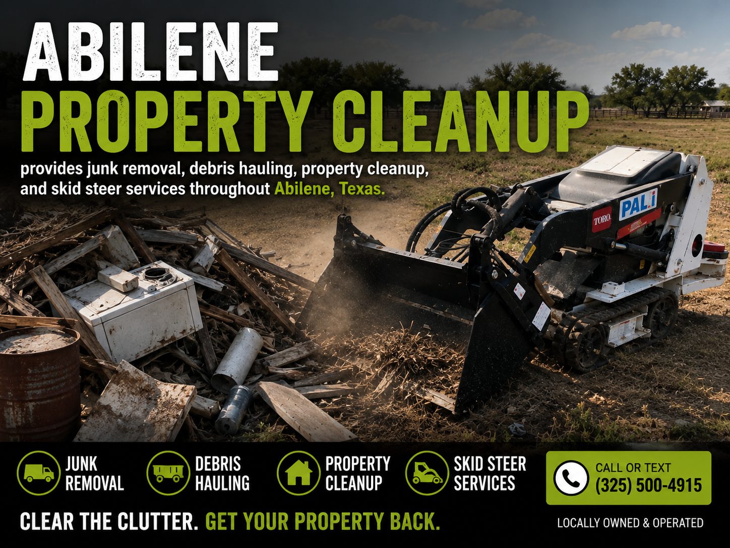 Toro Dingo mini skid steer performing property cleanup services in Abilene Texas.