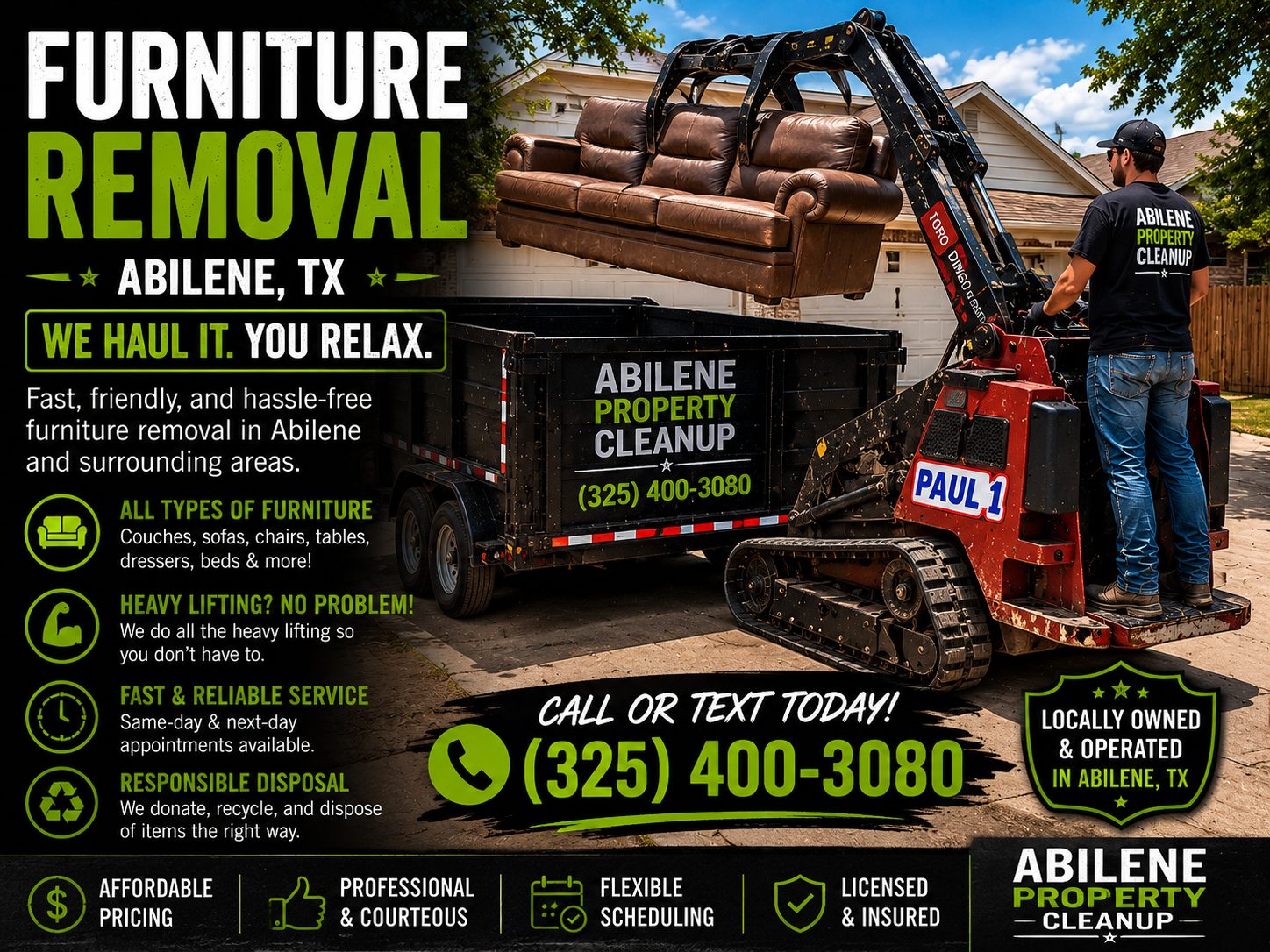 Toro Dingo mini skid steer removing debris and demolition materials from a property in Abilene Texas.