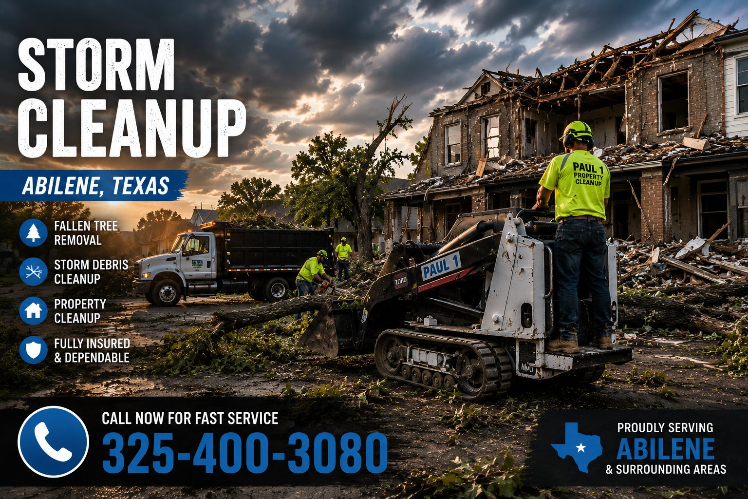 Storm cleanup in Abilene TX using Toro Dingo mini skid steer removing storm debris from damaged property.